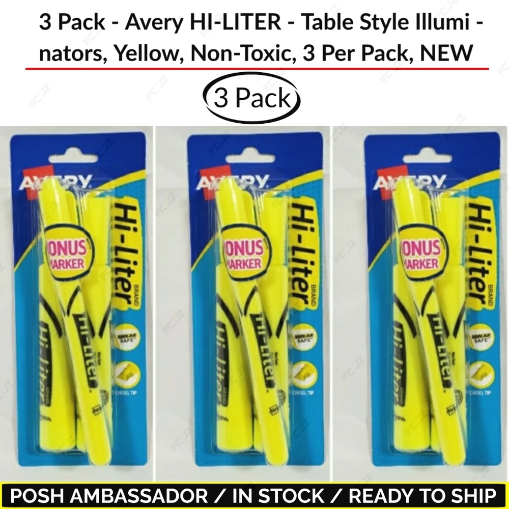 3 Pack - Avery HI-LITER - Table Style Illuminators,Yellow, Non-Toxic, 3 Per Pack
